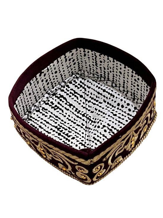 Vintage Traditional Embroidered Maroon Gold Uzbek Tajik Tubeteika Skullcap Hat main image 5